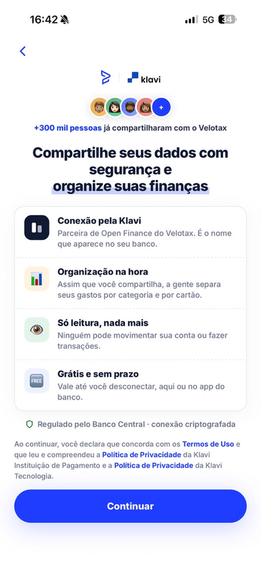 Tela do Velotax pedindo autorização de compartilhamento pelo Open Finance, com os avisos de conexão pela Klavi, só leitura e grátis sem prazo