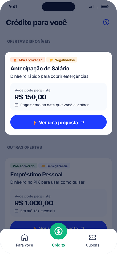 Tela do app Velotax na aba Crédito: a Antecipação de Salário em destaque, com o valor disponível e o botão para ver uma proposta