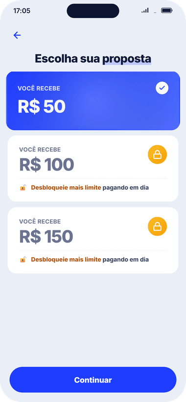 Tela do app Velotax com três propostas de antecipação: R$ 50 liberado e R$ 100 e R$ 150 com cadeado, para desbloquear pagando em dia