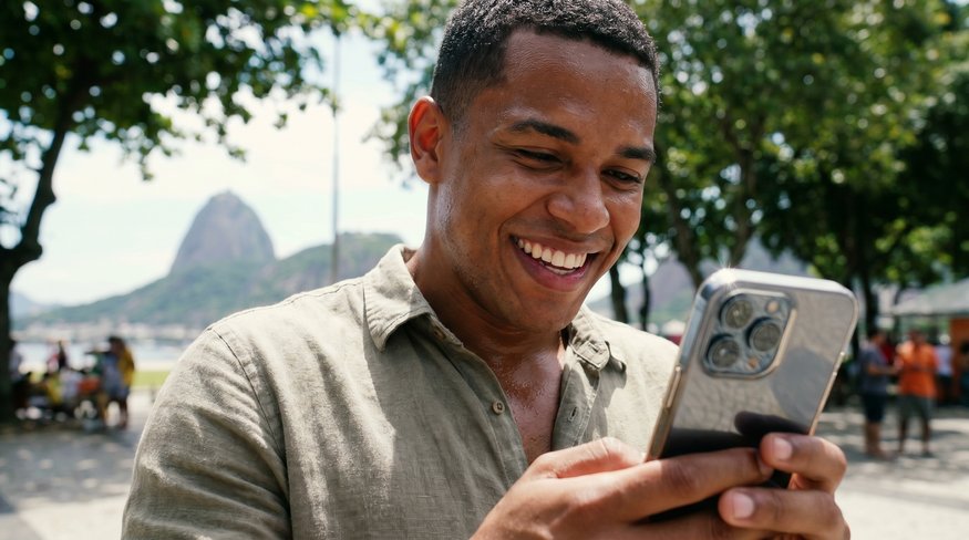 Cliente Velotax sorrindo enquanto usa o aplicativo no celular — empréstimo pessoal aprovado pelo Velotax