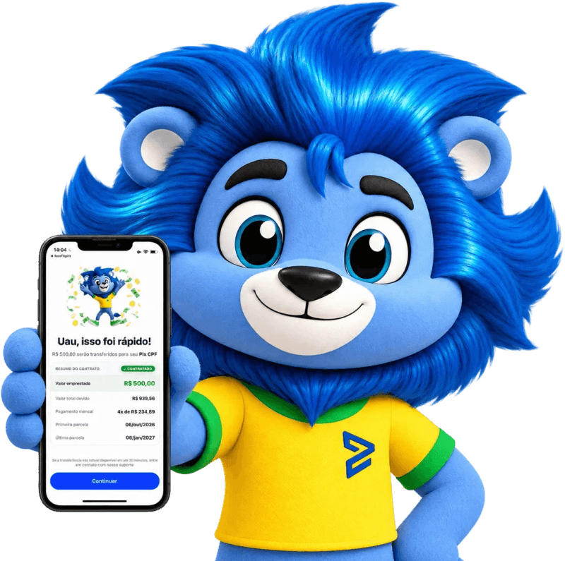 Mascote do Velotax segurando um celular com o resumo do empréstimo aprovado