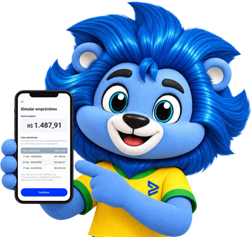 Mascote do Velotax apontando para um celular com a simulação da antecipação da restituição