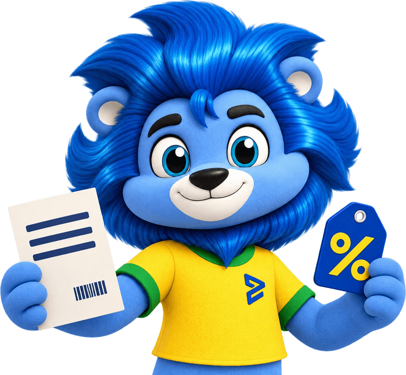 Mascote do Velotax segurando um boleto e uma etiqueta de desconto